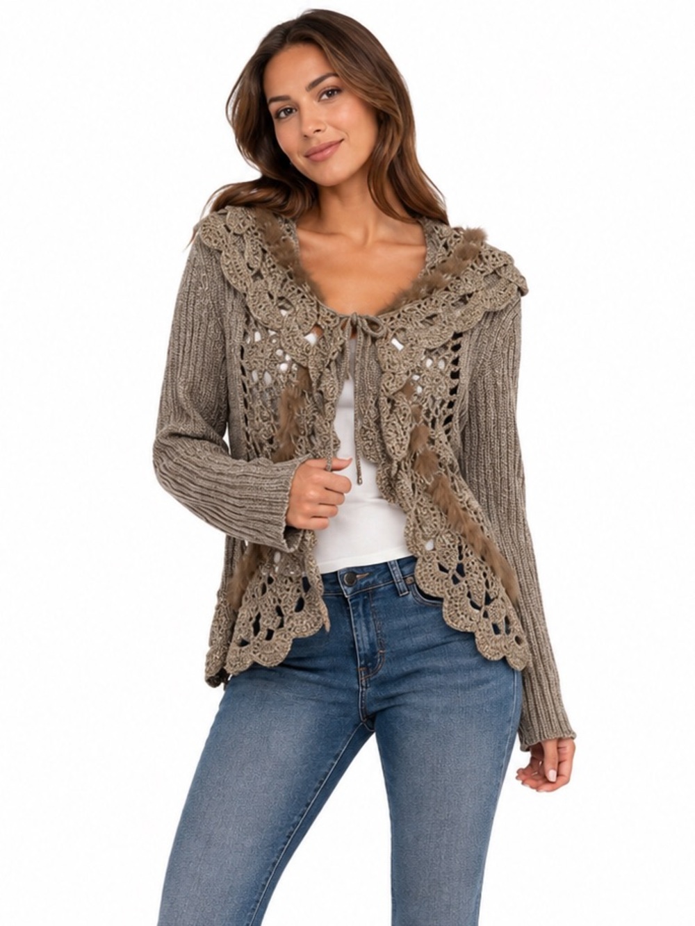 Alberto Makali Crochet Knit Fur Trim Cardigan Sweater XL